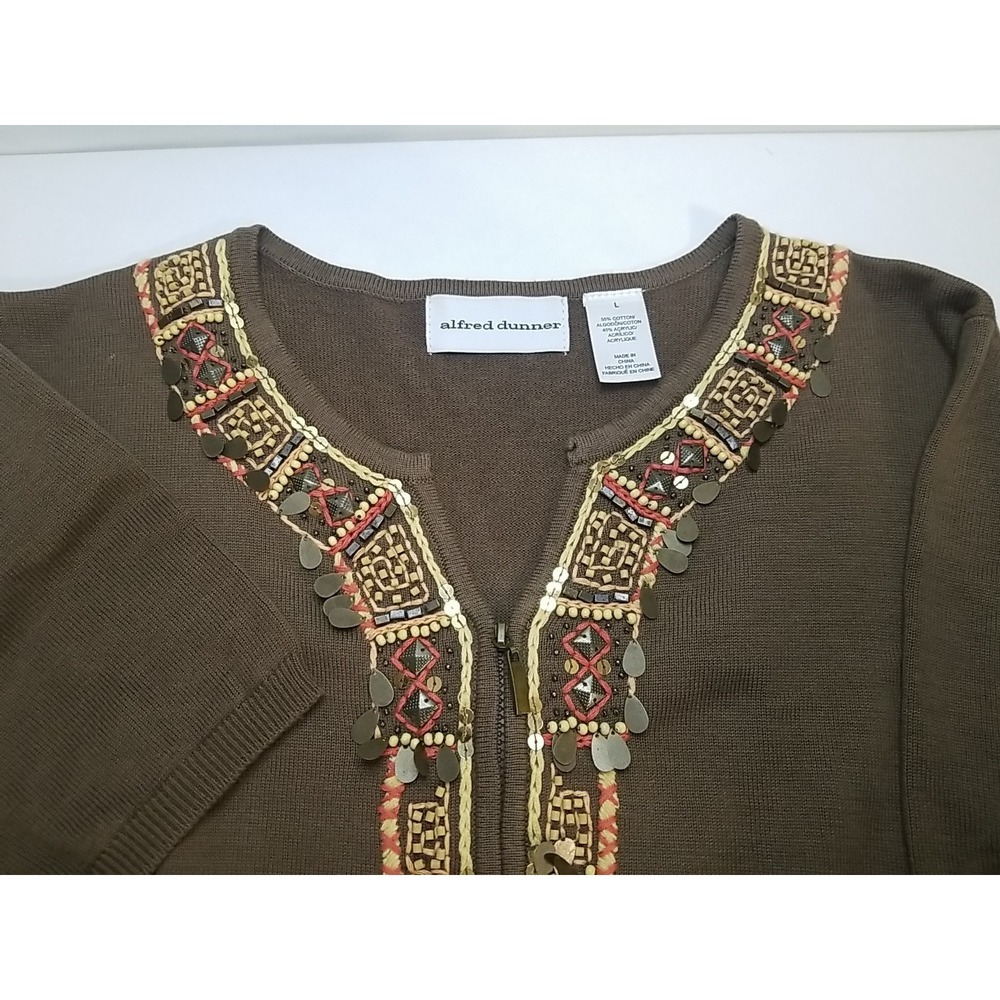 Alfred Dunner Womens Brown Cardigan Sweater Zip Front Beaded Short Sleeve Large